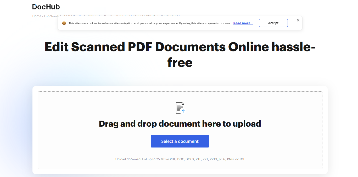 Upload document on DocHub to edit scanned PDFs. 