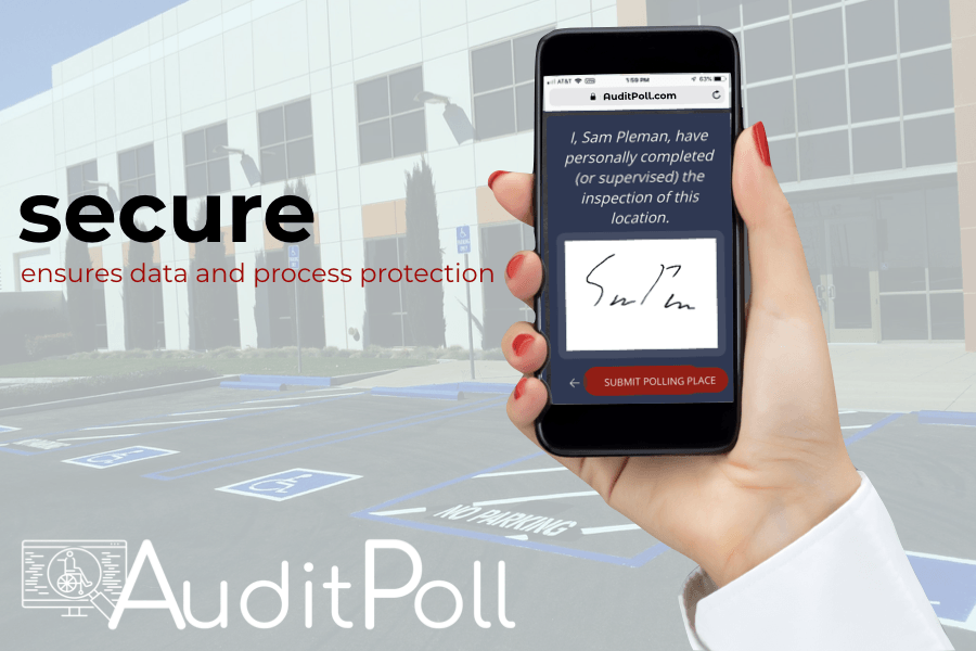 Image of a polling place in the background and in the foreground is a female hand holding an iPhone with an AuditPoll Screen.  Also text: secure, ensures data and process protection