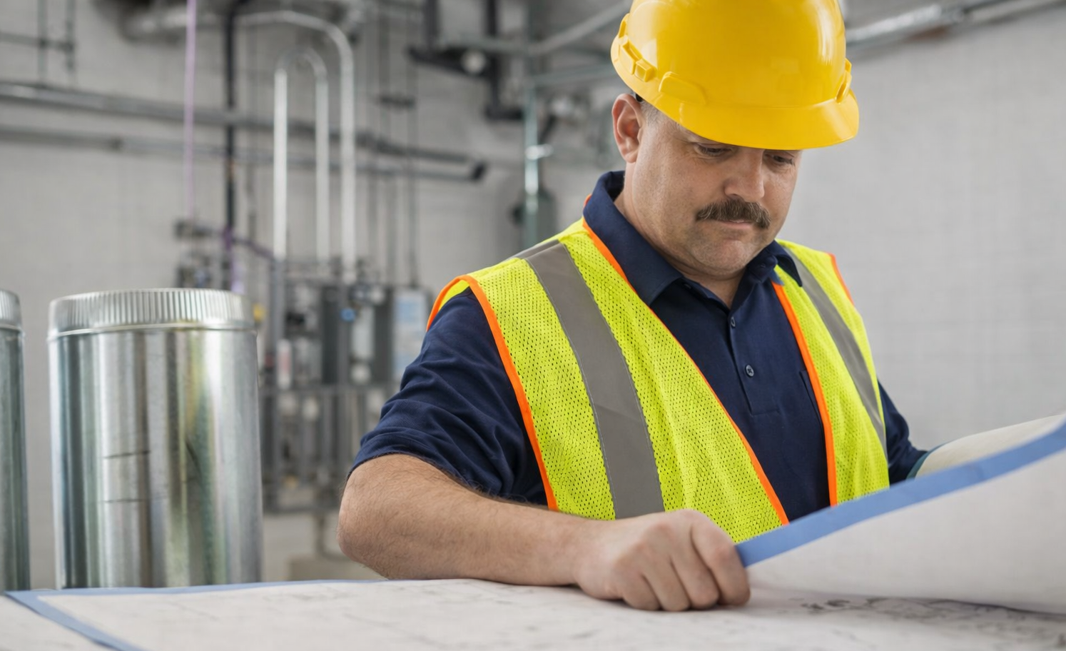 HVAC worker reviewing blueprints in a utility room