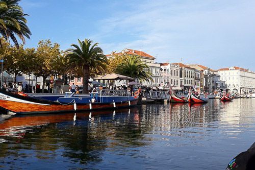 Hafen in Aveiro mit den traditionellen Moliceiros.