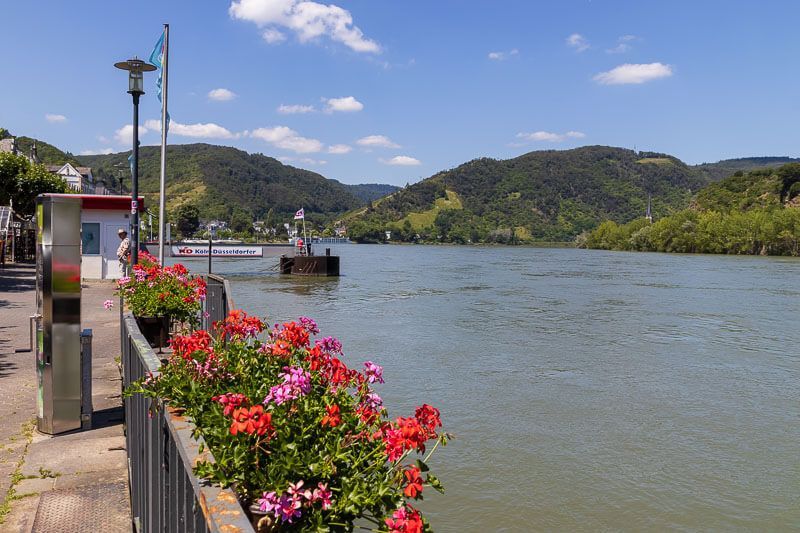 Blick auf das Rheintal von der Rheinpromenade in Boppard. Blick auf das Rheintal von der Rheinpromenade in Boppard. Blauer Himmel, sattgrüne Hügel und im Vordergrund Geranien am Geländer.
