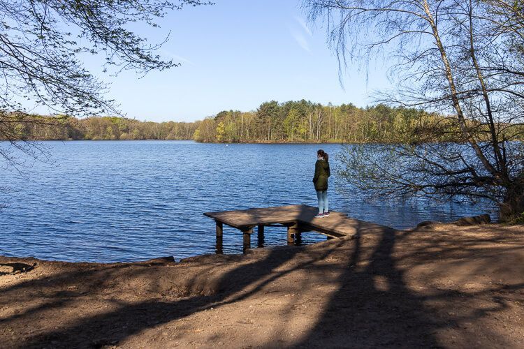 Natur genießen Eine Frau steht auf einem Steg an der Sechs-Seen-Platte in Duisburg.
