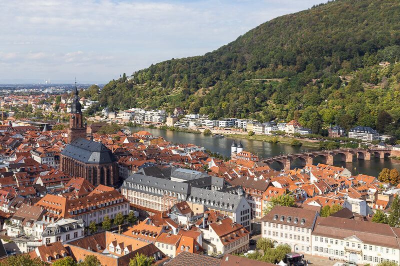 Blick vom Schloss auf Heidelberg Blick über die Altstadt von Heidelberg, den Neckar und den Heiligenberg.