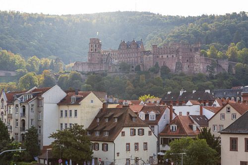 Heidelberger Altstadt mit dem Schloss, das von der morgendlichen Sonne beschienen wird.