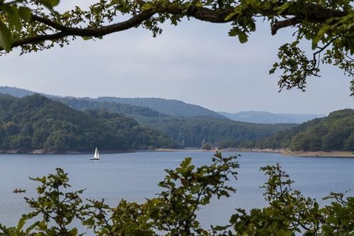 Blick auf den Rursee bei Heimbach in der Eifel. Ein Segelboot fährt über den idyllischen See.