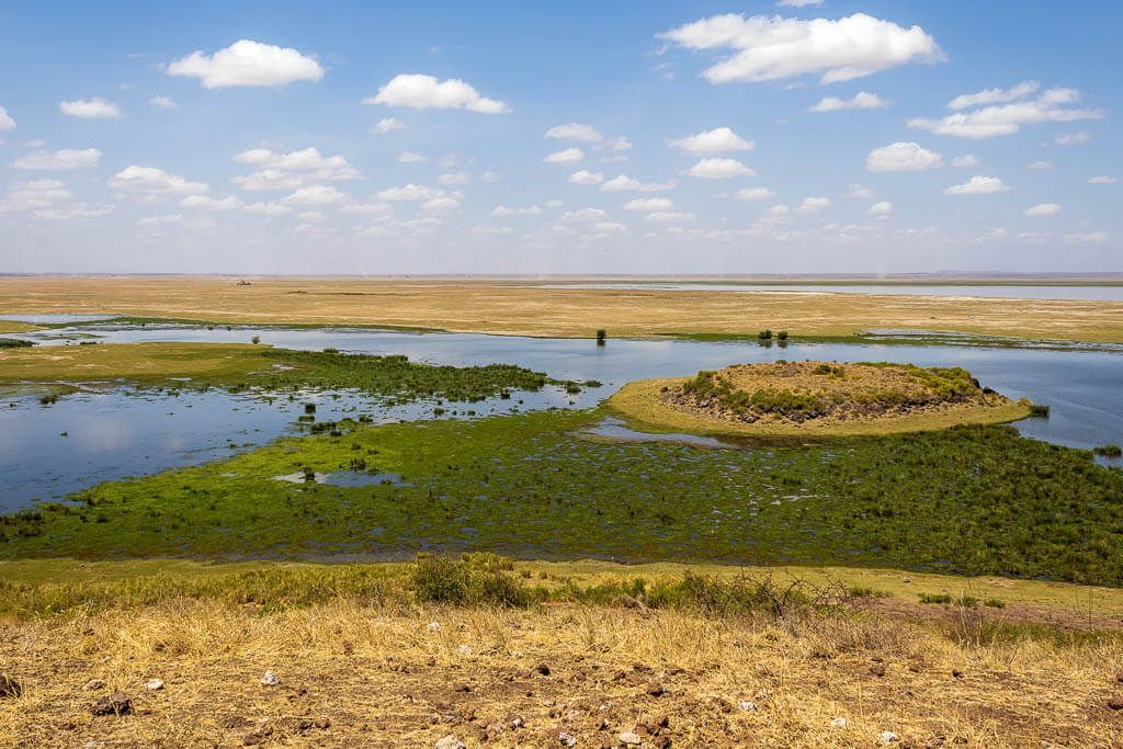 Aussichtspunkt im Amboseli-Nationalpark Blick auf die fruchtbare, grüne Landschaft des Amboseli Nationalparks.