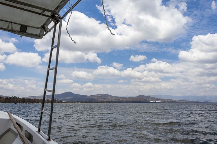 Bootstour auf dem Lake Naivasha.  Bootstour auf dem Lake Naivasha. Das Ufer ist von Hügelketten gesäumt, tote Bäume ragen aus dem Wasser.