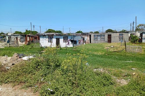 Wellblechhütten auf einer Rasenfläche in Walmer Township, Südafrika.