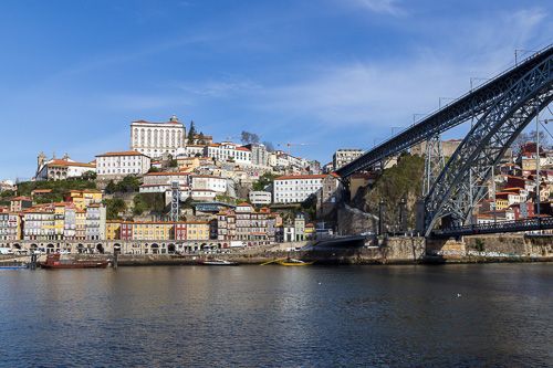 Blick auf die Altstadt von Porto mit der ikonischen Brücke Ponte Dom Luís I.