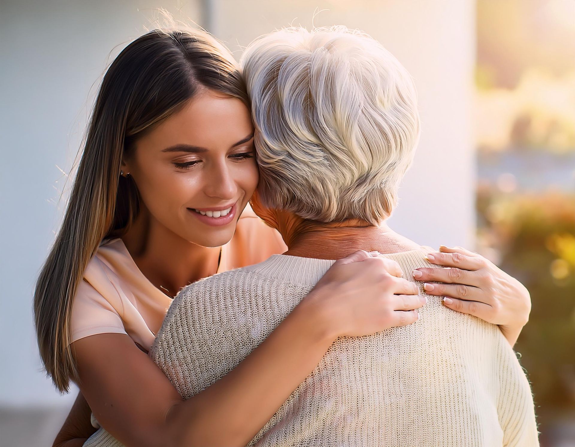 Mujer joven abrazando a una mujer anciana