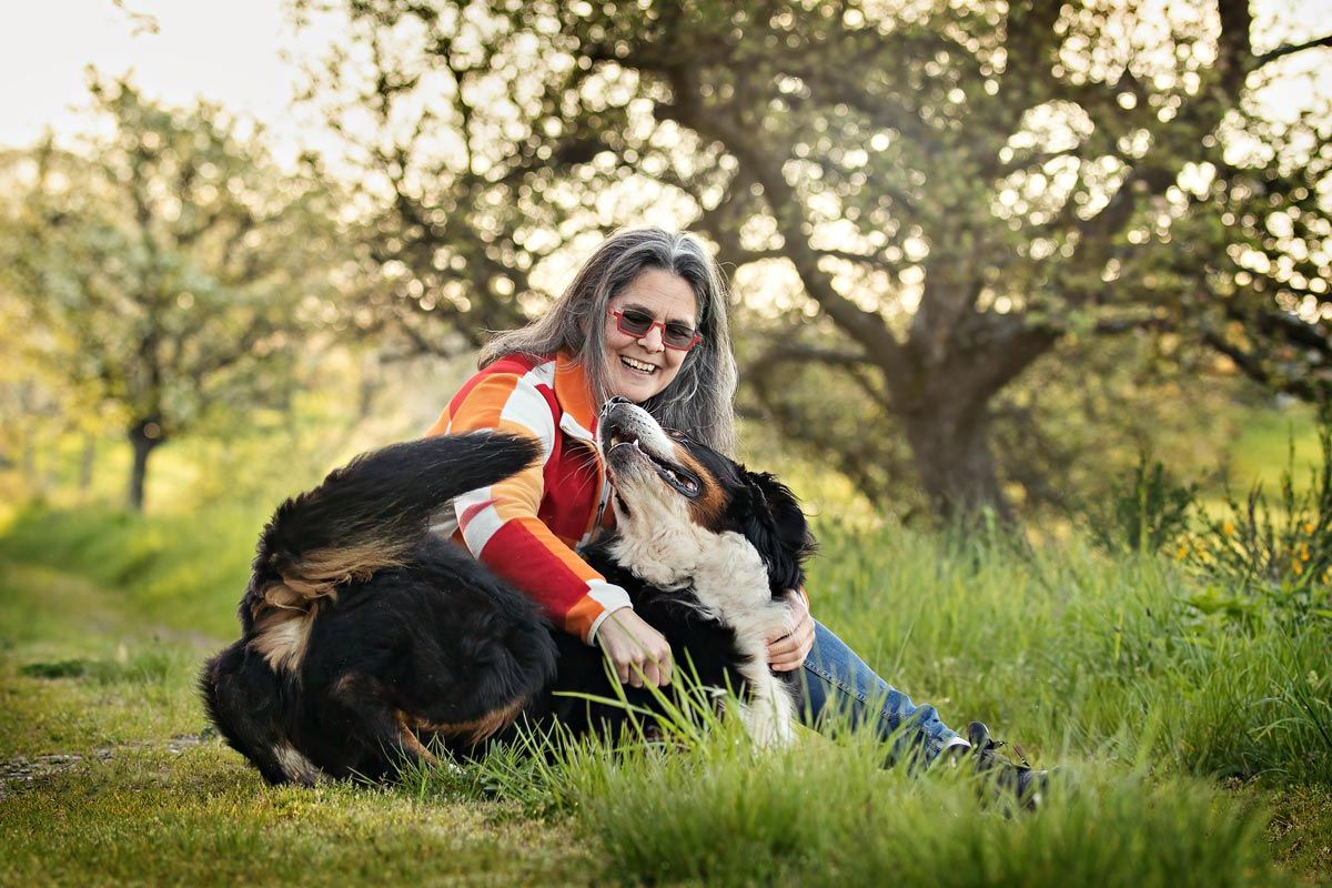 LL Photography Mensch und Tier: eine Frau und ein Berner Sennenhund spielen auf einem Weg in frühlingshafter Landschaft.