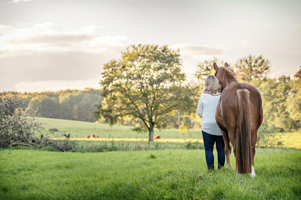 LL Photography Mensch und Tier: eine Frau und ein fuchsfarbenes Pferd stehen in einer weiten Sommerlandschaft und schauen in die Ferne.