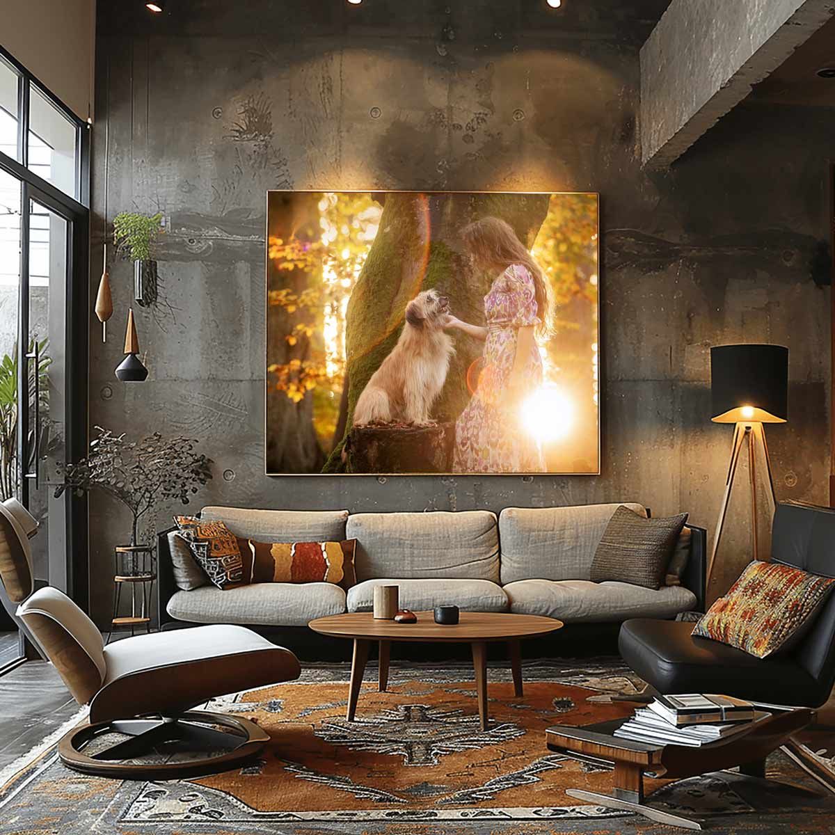 Tierfotografie Trier Luxemburg Saarland großes Wandbild mit Hund und Frau im Herbstwald bei leuchtender Abendsonne