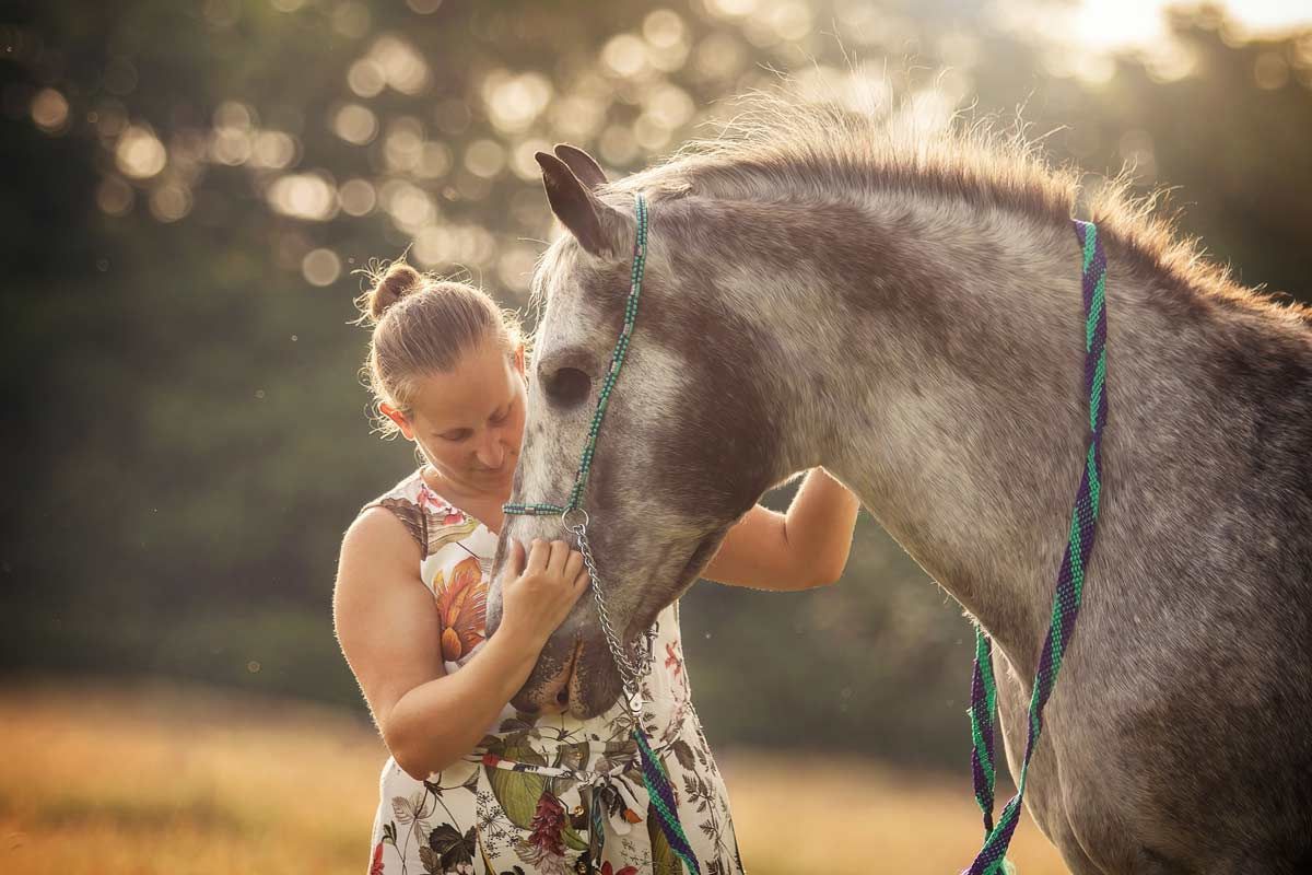 LL Photography Mensch und Tier: Portrait eines blinden Appaloosa-Pferdes mit einer jungen Frau im Morgenlicht.