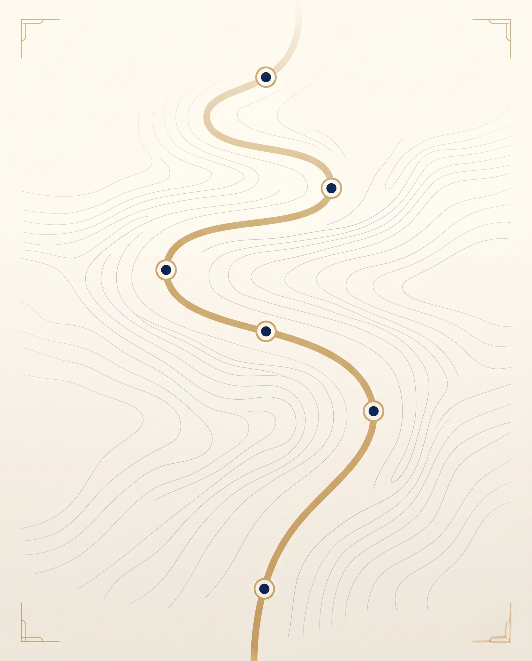 Symbolische Illustration des Weges, mit fünf Wegmarken für die vier Therapiephasen
