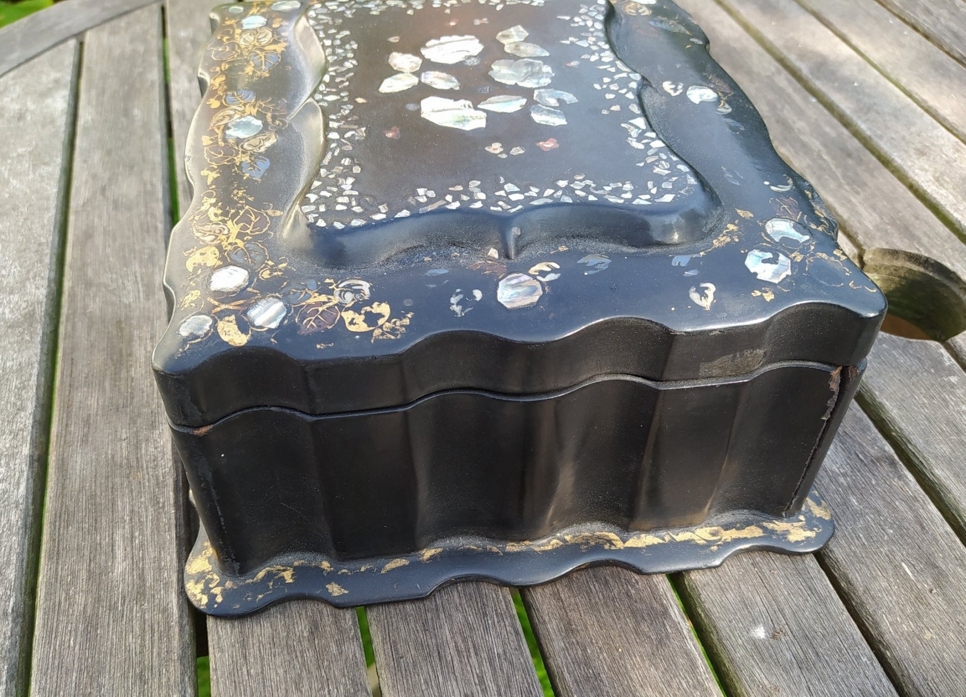 Victorian papier mache box with mother of pearl inlay.