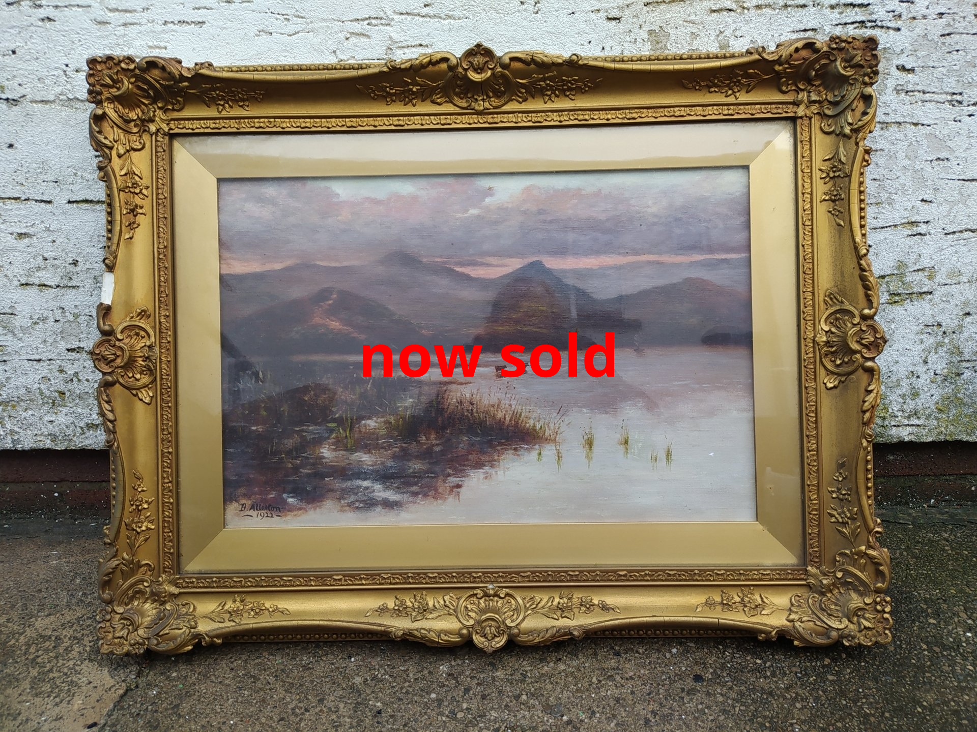 Landscape oils on canvas in ornate gilt frames.