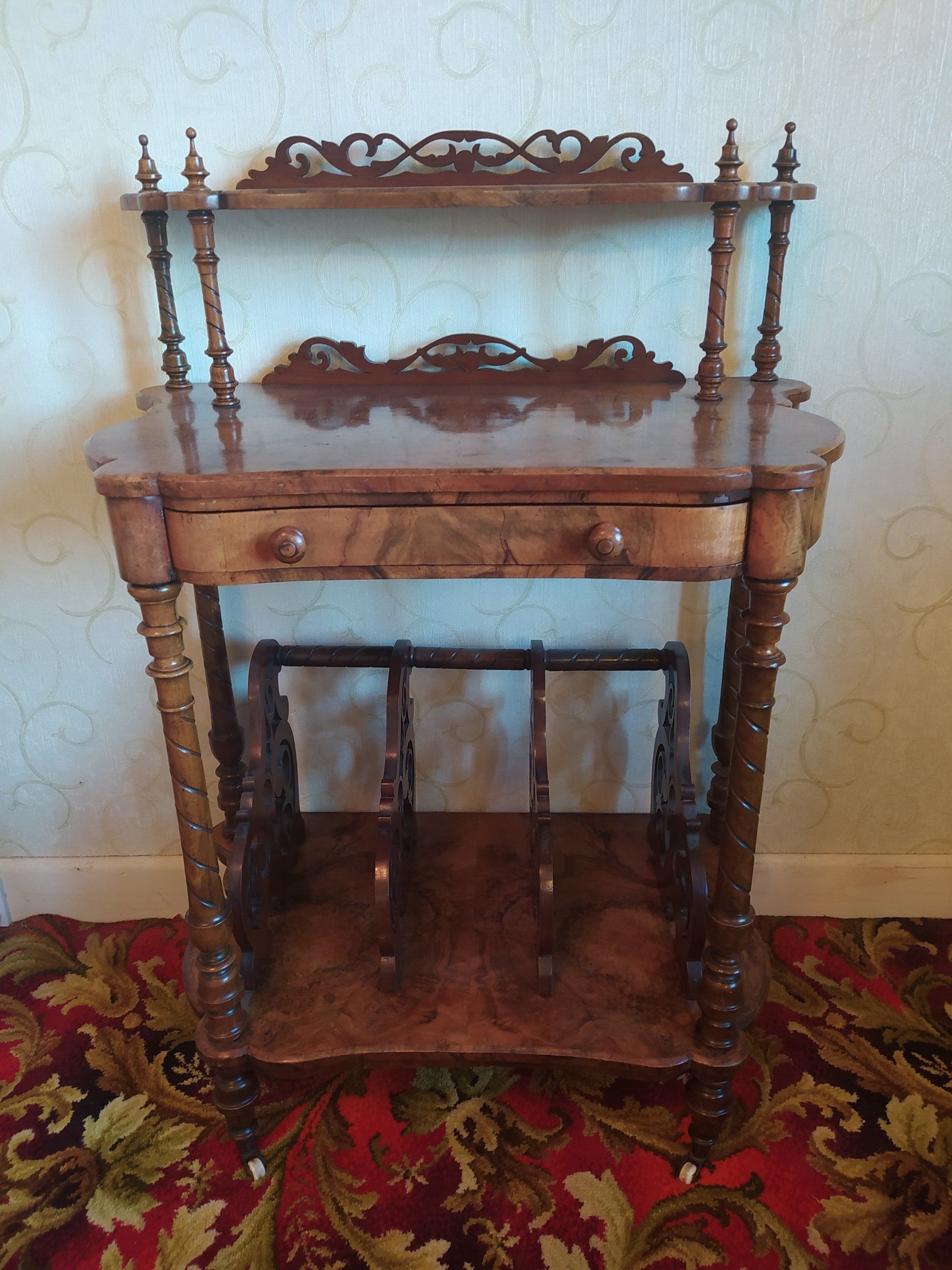 burr walnut music canterbury what not with writing slope
