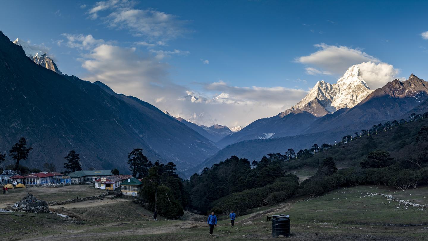 Scenic green valley landscape with a trekking path leading towards the high Himalayas.