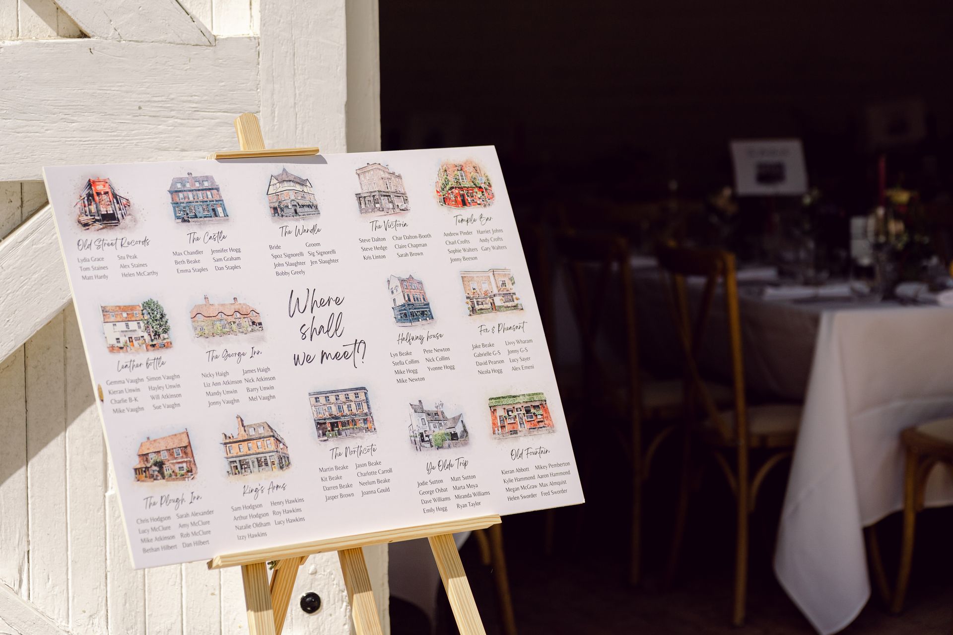 Pub themed Wedding breakfast table plan at Kingsettle Stud co-ordinated by Tasha Mae Wedding Co-ordinator.