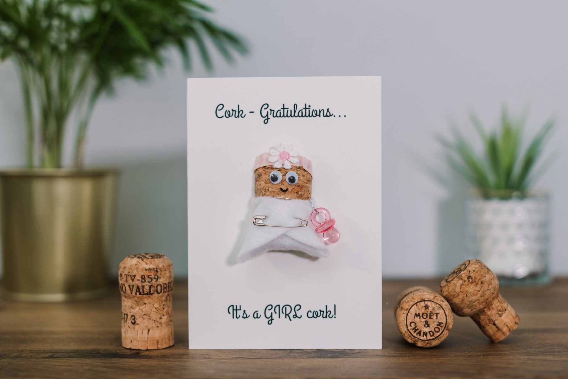 Handmade New Baby Card using Champagne Corks