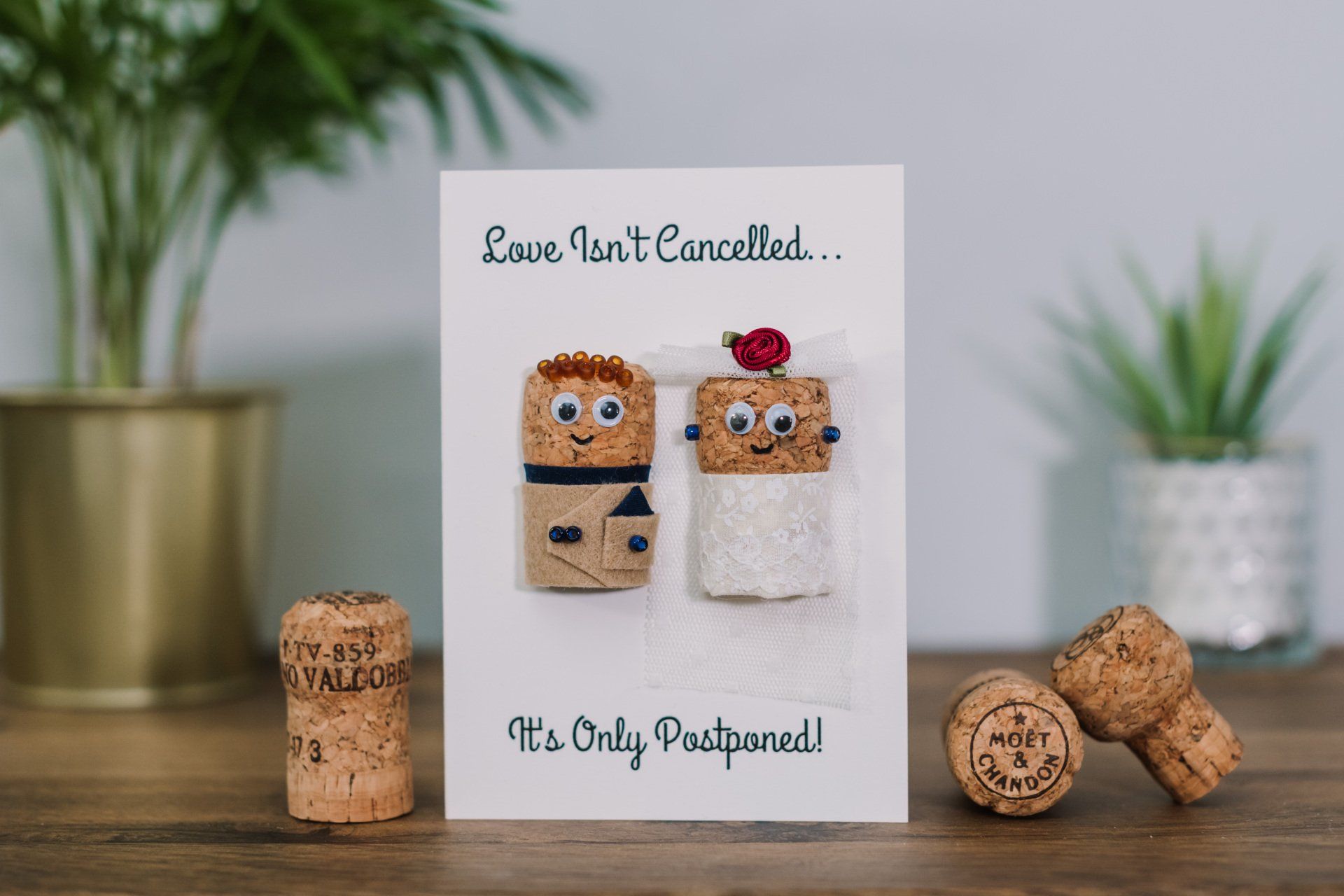 Handmade Postponed Wedding Card using Champagne Corks