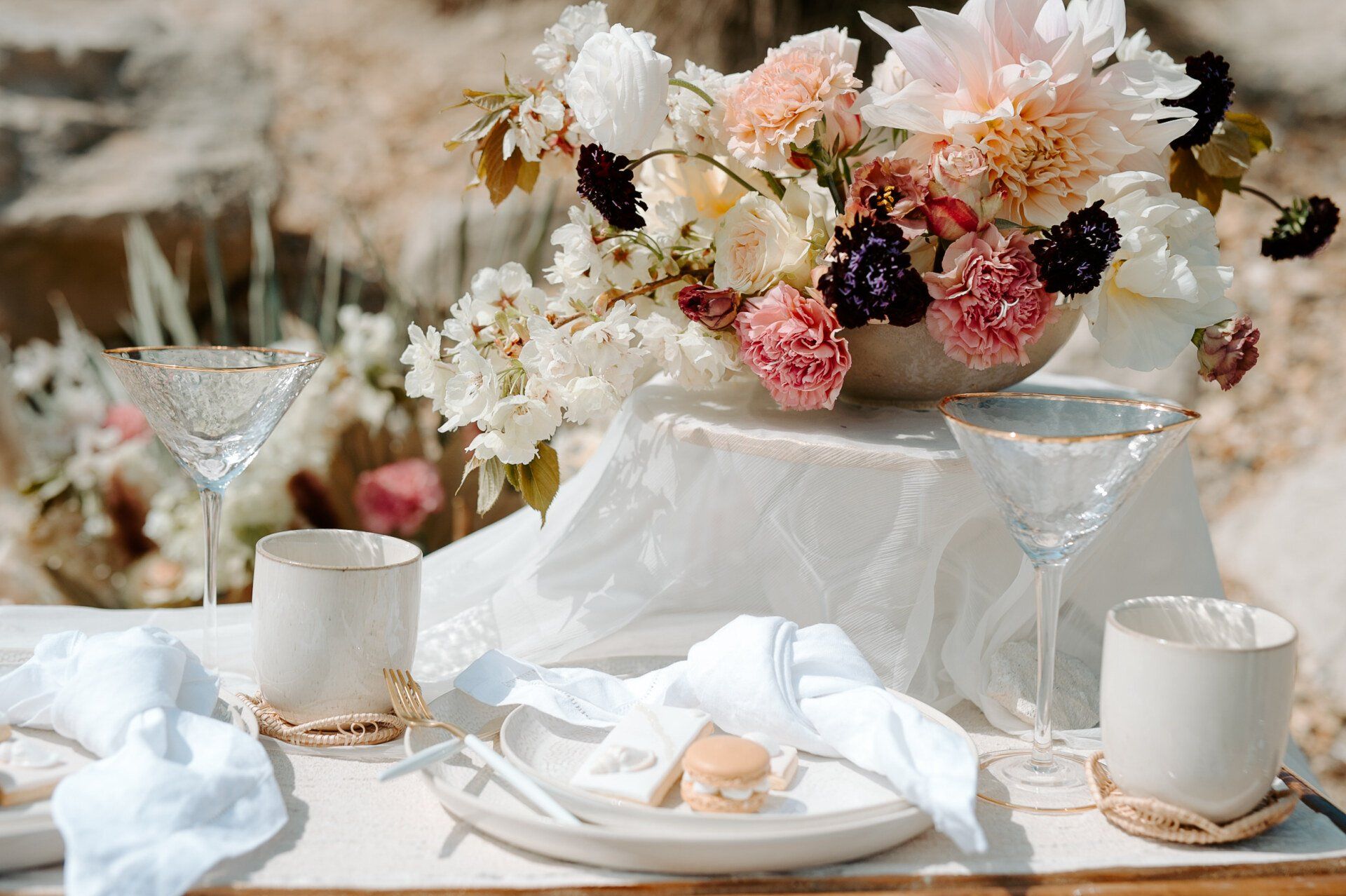 Bridal Flower Arrangement and wedding picnic table on Highcliffe Beach in Dorset