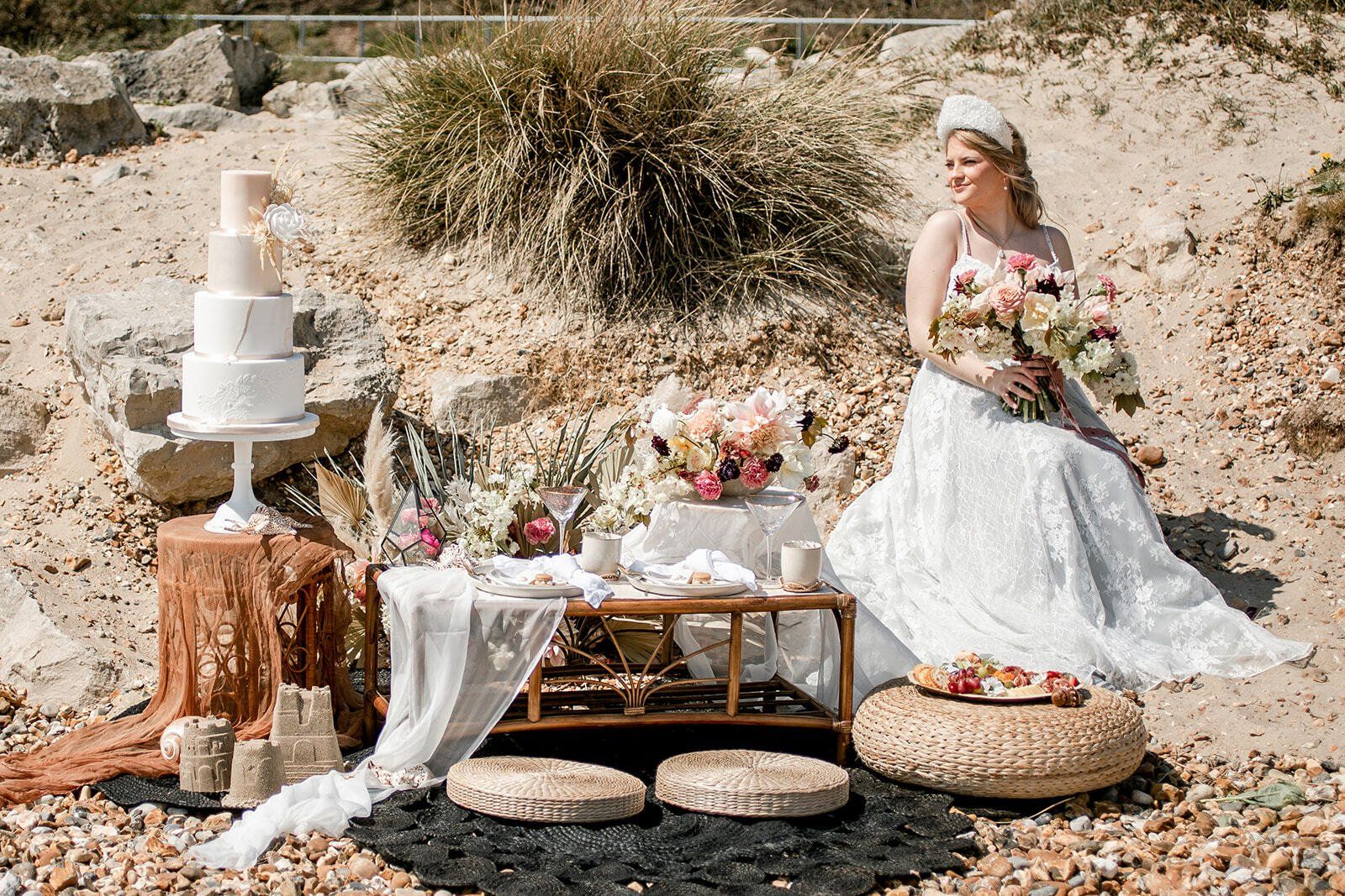 Bride sat at a styled bridal picnic with a beach themed wedding cake on Highcliffe Beach in Dorset
