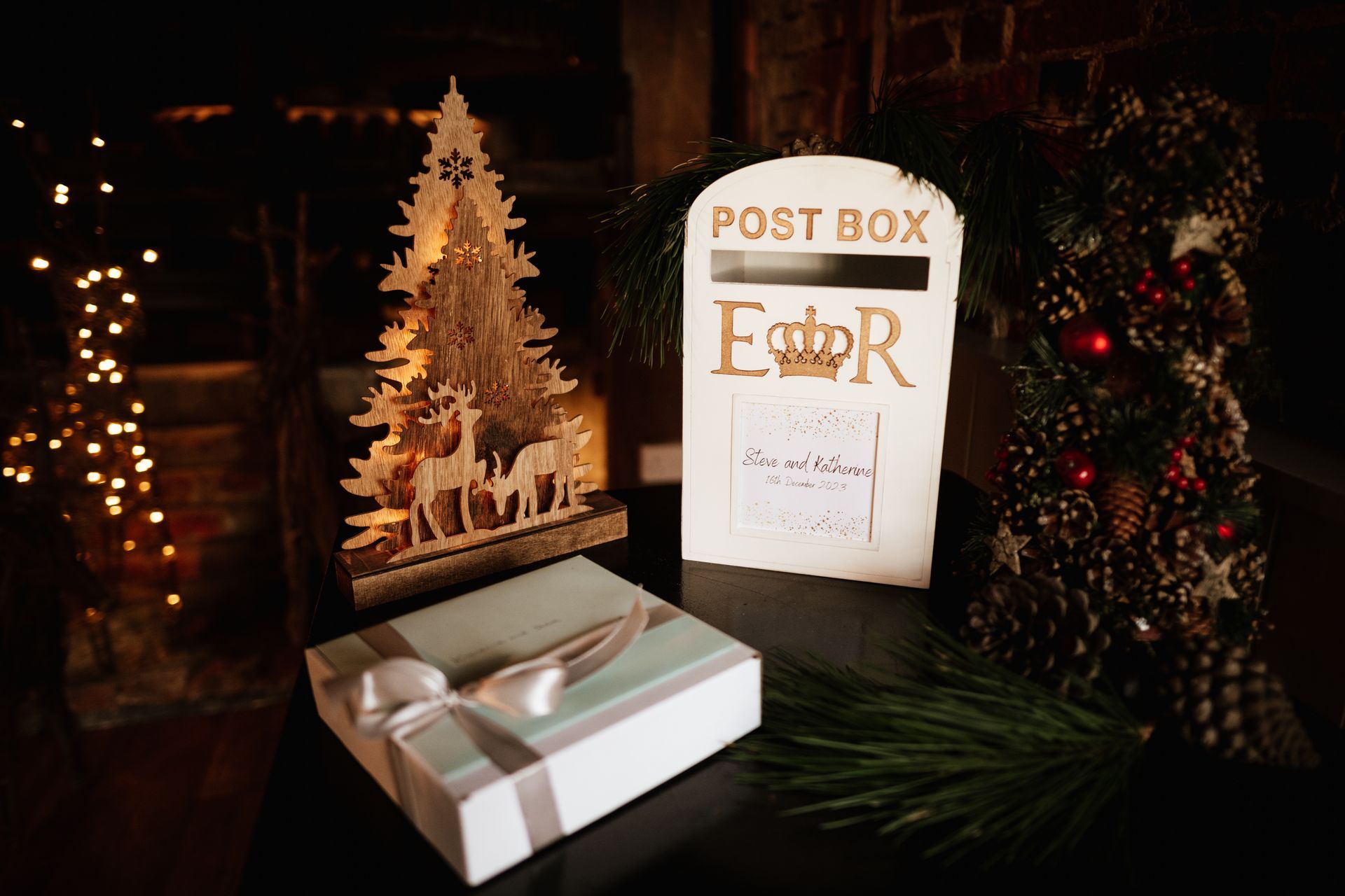Christmas wedding decor and card postbox at a wedding at Sopley Mill with Tasha Mae Wedding Co-ordinator.