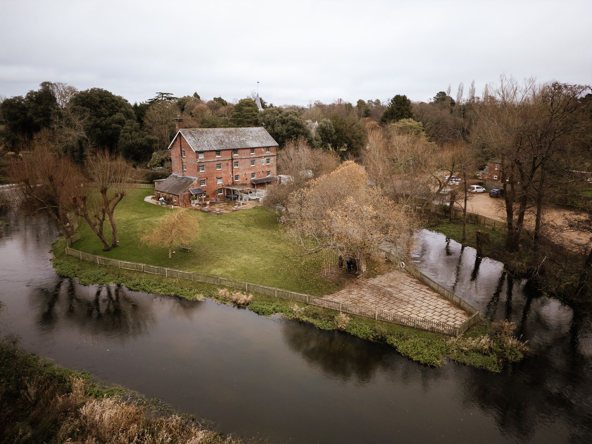Overhead drone view of Sopley Mill with Tasha Mae Wedding Co-ordinator.
