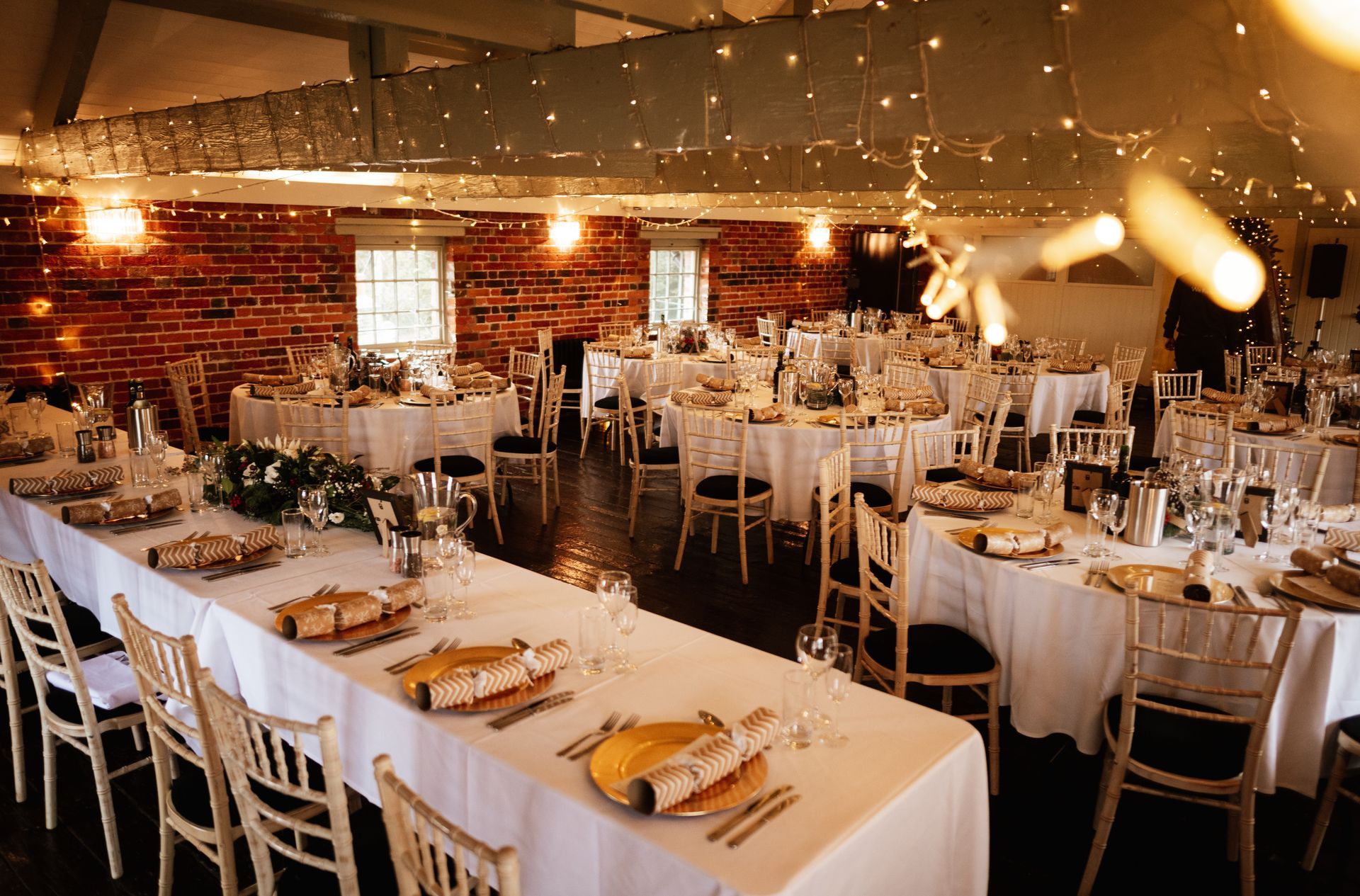 The finished styled wedding breakfast room at a wedding at Sopley Mill with Tasha Mae Wedding Co-ordinator.