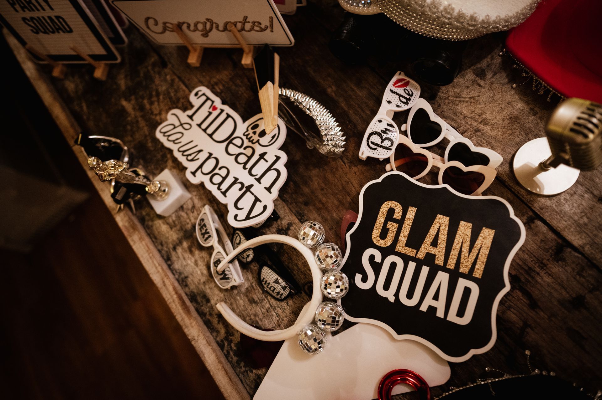 Photo booth props at a wedding at Sopley Mill with Tasha Mae Wedding Co-ordinator.