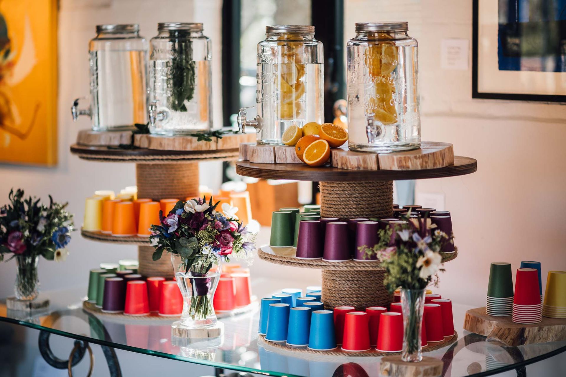 Hydration Station handmade by Mae & Maple Prop Hire using rescued cable drums.