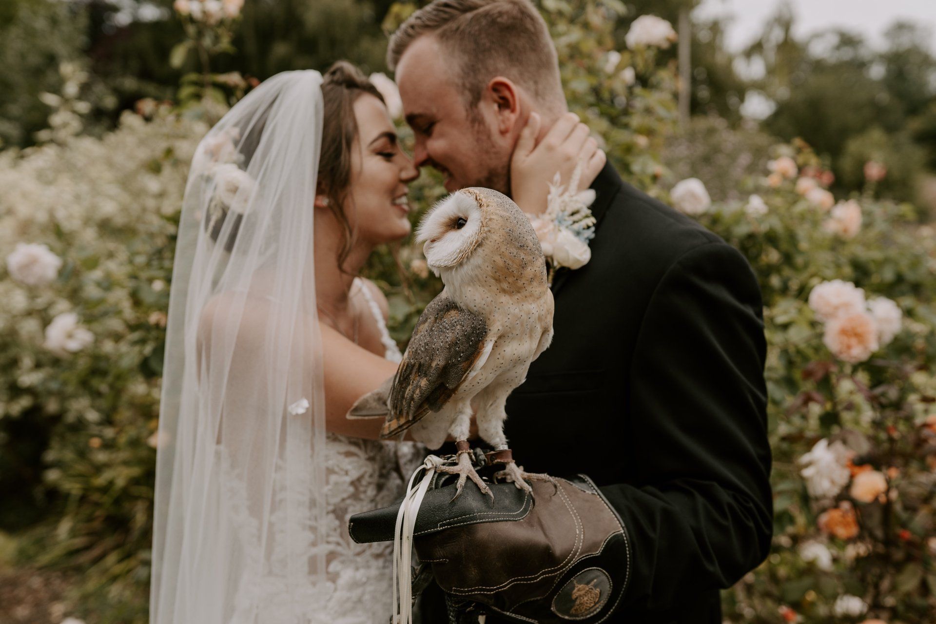 Bride and Groom with a barn owl ringbearer at Edmondsham House in Dorset