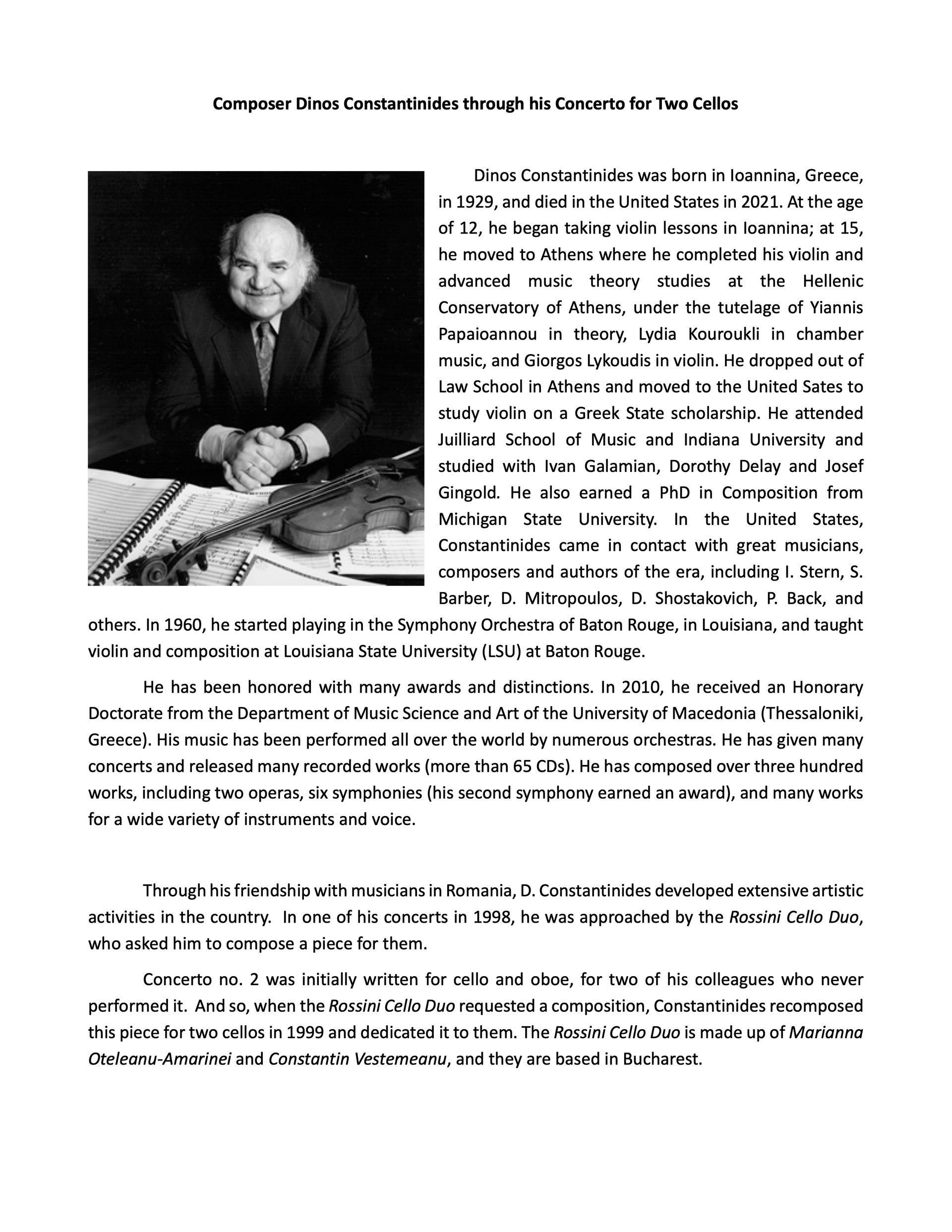 Composer Dinos Constantinides Through His Concerto for Two Cellos Composer Dinos Constantinides Through His Concerto for Two Cellos