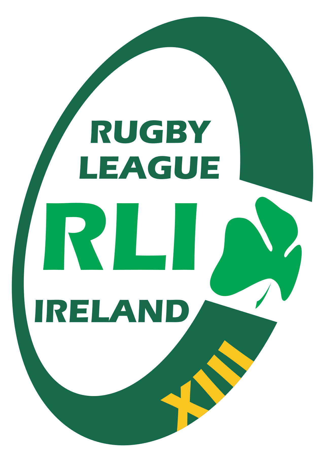 Rugby League Ireland crest
RLI rugby league Ireland written inside a rugby ball shaped oval with a clover to the right