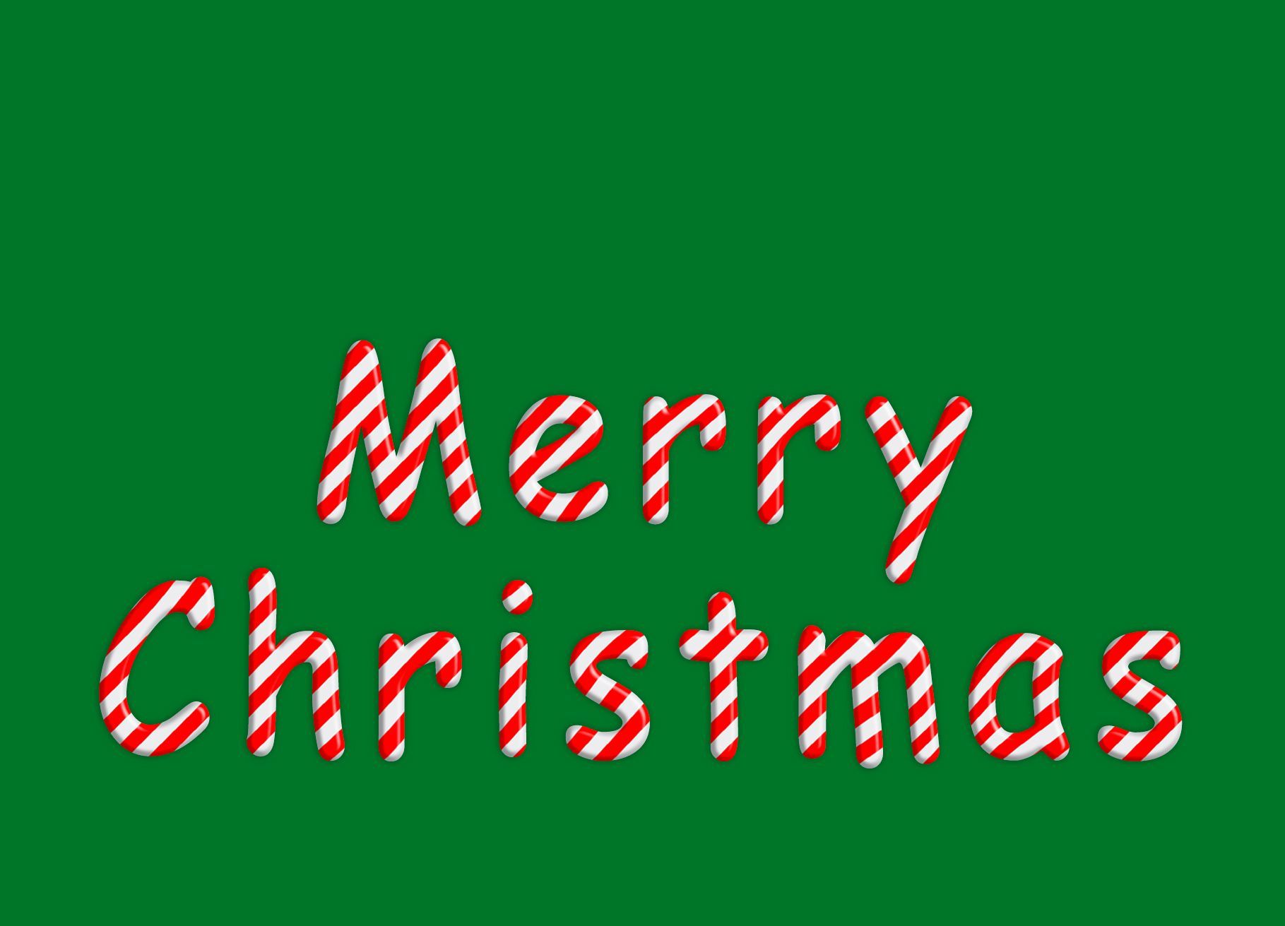 Postkarte mit dunkelgrünem Weihnachtshintergrund. In der Mitte steht der Schriftzug „Merry Christmas“ in rot-weiß gestreifter Schrift, die an klassische Zuckerstangen erinnert. Ich ermögliche es, die Karte über meine Partner-App mit persönlicher Nachricht online zu bestellen; mein Partner druckt sie und verschickt sie weltweit mit echter Briefmarke.