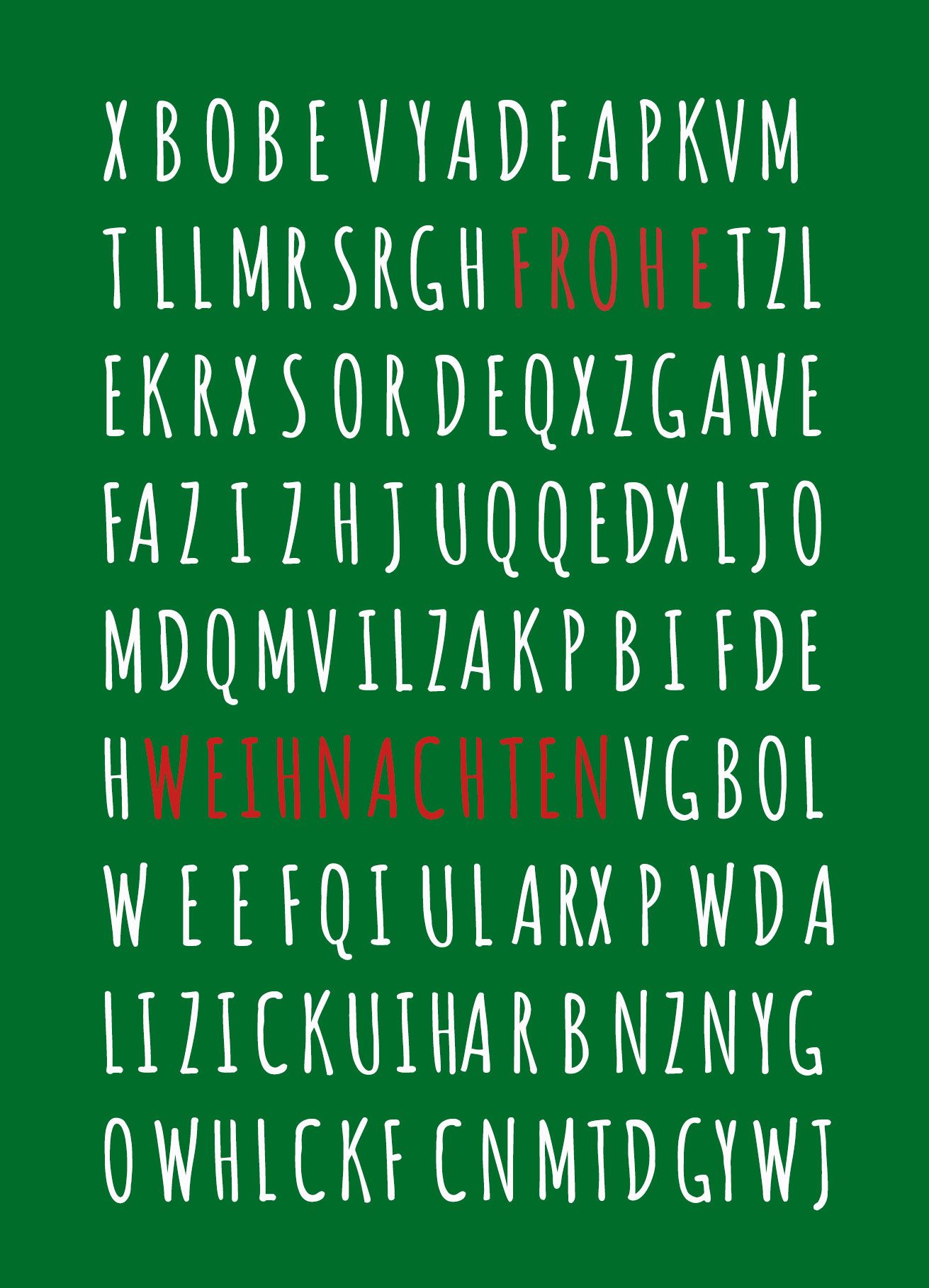 Ein Worträtsel, weiße Buchstaben auf einem grünen Hintergrund. Die Lösung Frohe Weihnachten ist mit roten Buchstaben geschrieben.