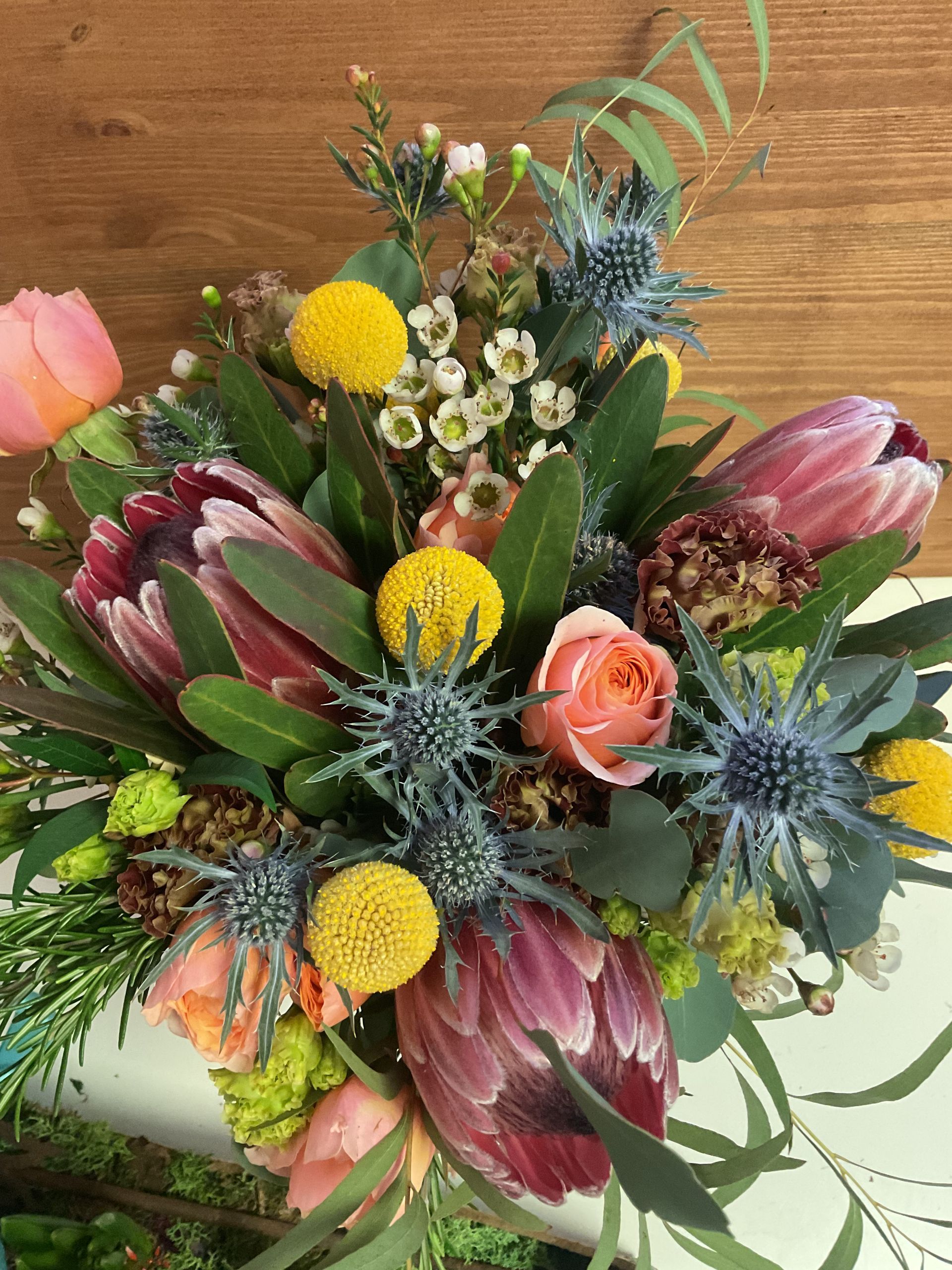 Protea Pink Ice, Craspedia,Distel,Waxflower,Lisianthus Winterhochzeit