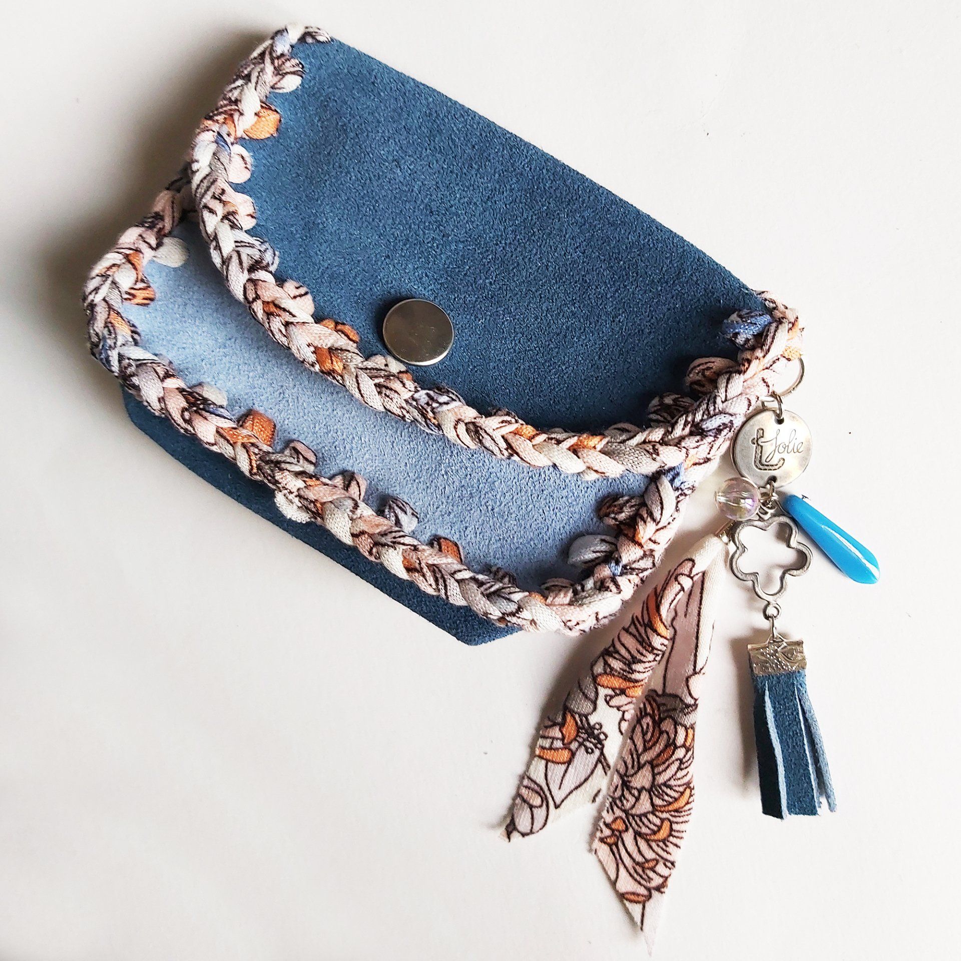 T-jolie creation et fabrication artisanale de porte-monnaie en cuir bleu et crochet.