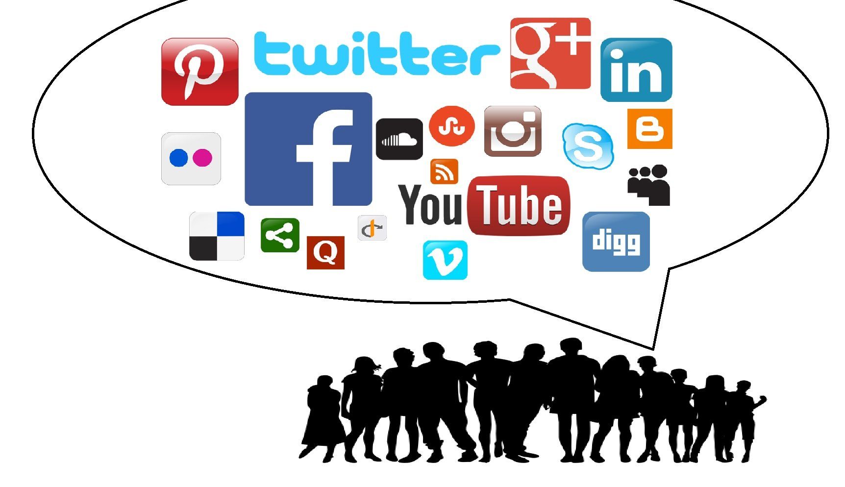 Siloutte of people with social media icons in a speech bubble