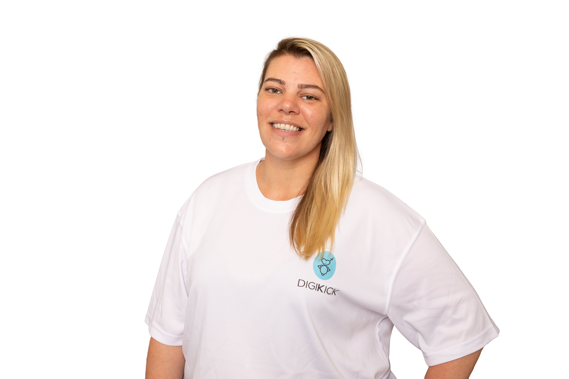 Picture of our director Sair. She's riding a small wooden horse and looking ahead in a state of fervent excitement