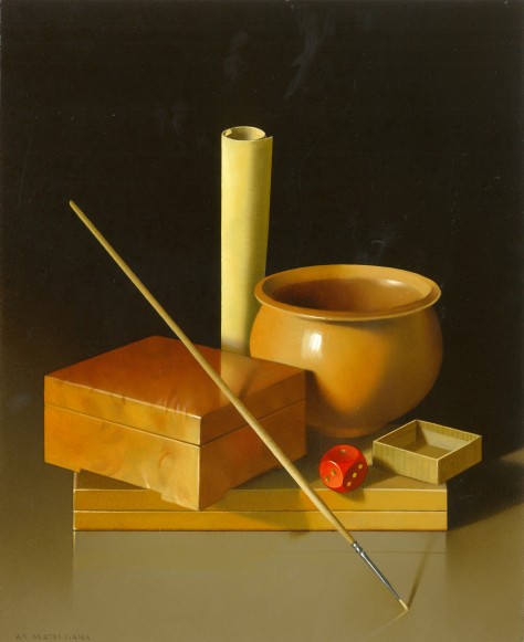 Original still life painting of stoneware pot and wooden boxes