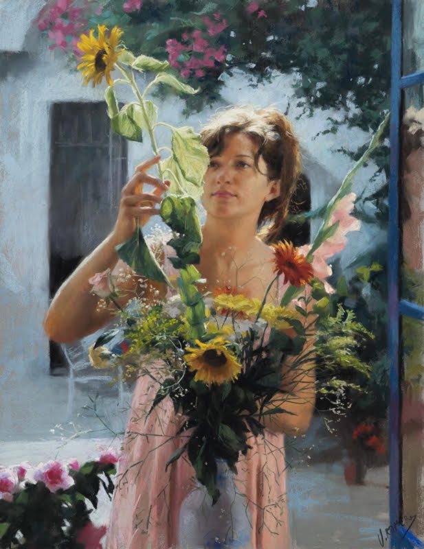Portrait of woman with flowers by Vicente Romero