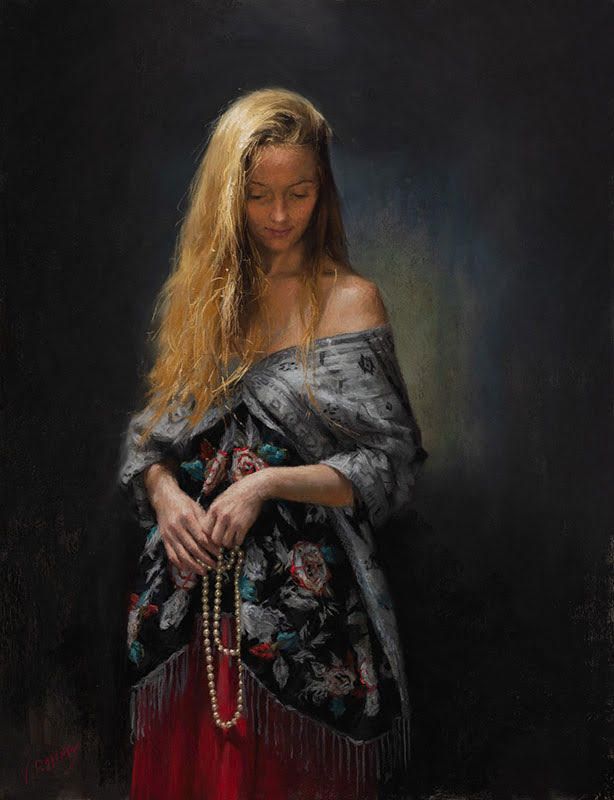 Portrait of thoughtful woman in shadow by Vicente Romero