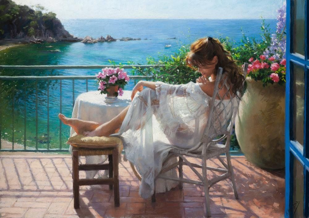 Portrait of woman sitting on balcony by Vicente Romero