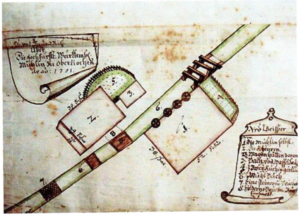 Oberkochen - Lageplan Untere Mühle von 1751 Quelle: Heimatverein Oberkochen e.V. Oberkochen - historischer Lageplan Untere Mühle von 1751