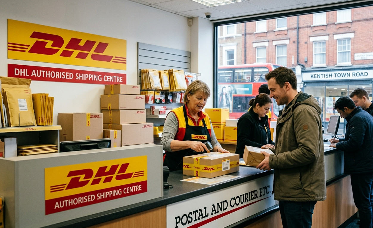 Postal and Courier Etc DHL authorised shipping centre storefront in Kentish Town NW5