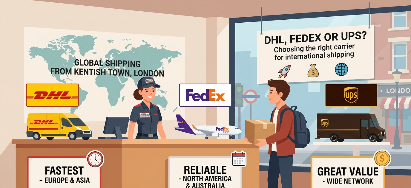 DHL FedEx and UPS parcels ready for international shipping at Postal and Courier Etc Kentish Town