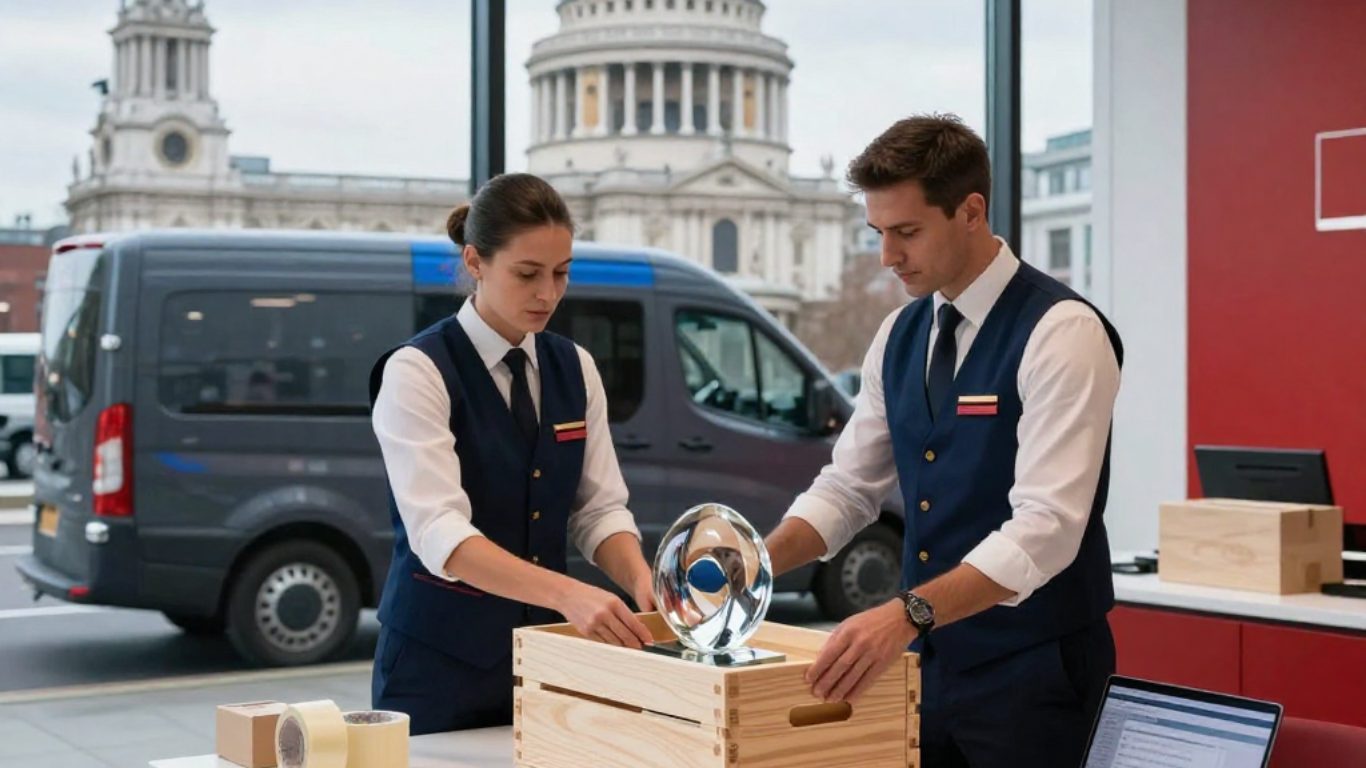 Professional packing services in London EC1 for fragile international shipping, showing expert staff securing high-value items